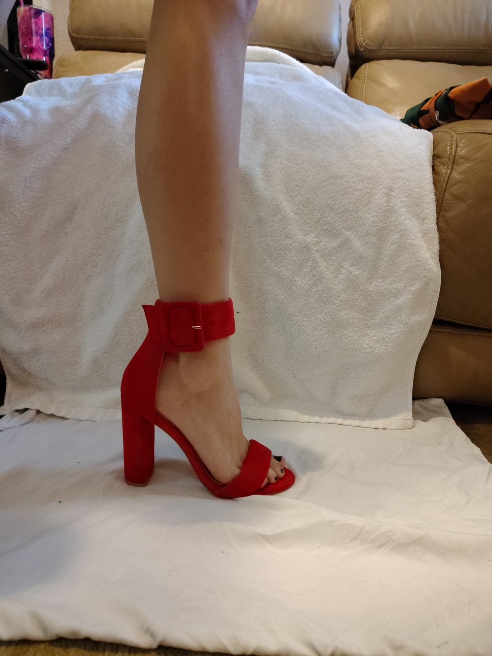Fashion Nova Red Suede Ankle-Buckle Block Heel Sandal